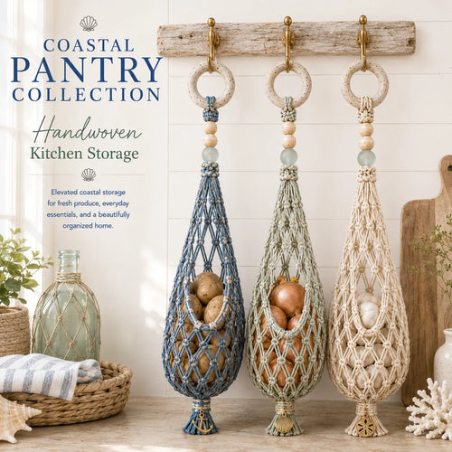🌊 Coastal Hanging Produce Storage – Handwoven Breathable Organizer with Easy Side Access