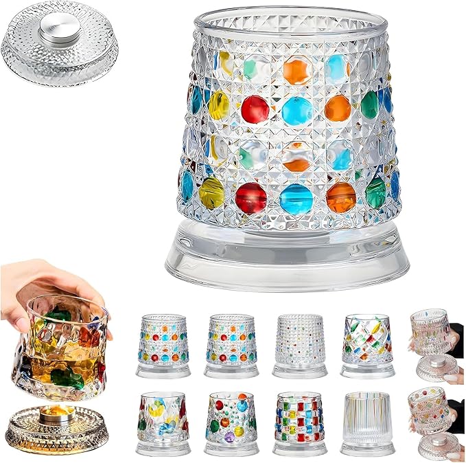 Spinning Whiskey Glasses, Vintage Colored Crystal Whiskey Glass, Hand-Painted Old Fashioned Tumbler for Bourbon, Scotch, Cocktails, Decorative Drinking Glass for Home Bar