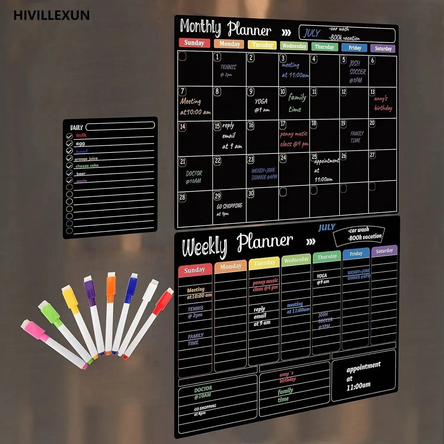 ✨Black Dry Erase Boards Set - 3 Magnetic Boards for Refrigerator, Monthly, Weekly Organizer & Daily Notepad 🧲