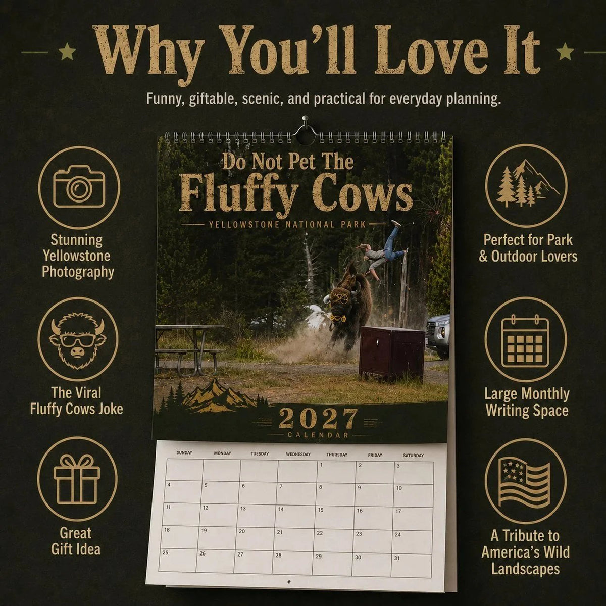 'Do Not Pet The Fluffy Cows' 🏞️ Bison Yellowstone National Park 2027 Wall Calendar