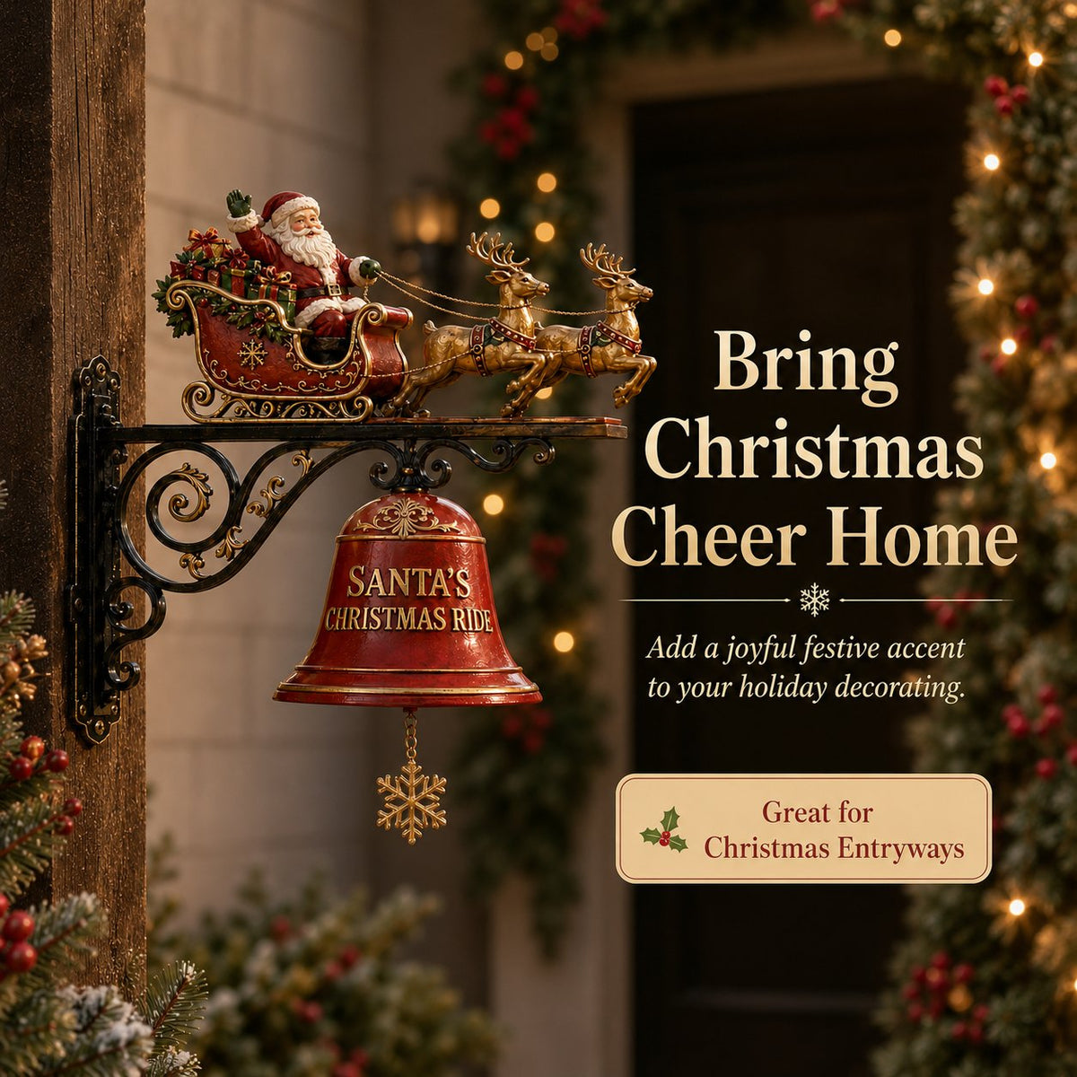🎅 Santa Sleigh & Reindeer Christmas Bell – Vintage Holiday Door & Porch Decor