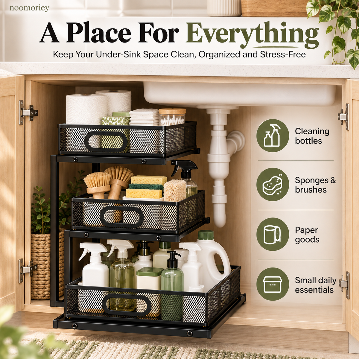 🧺 3-Tier Pull-Out Under-Sink Organizer – Metal Mesh Cabinet Storage
