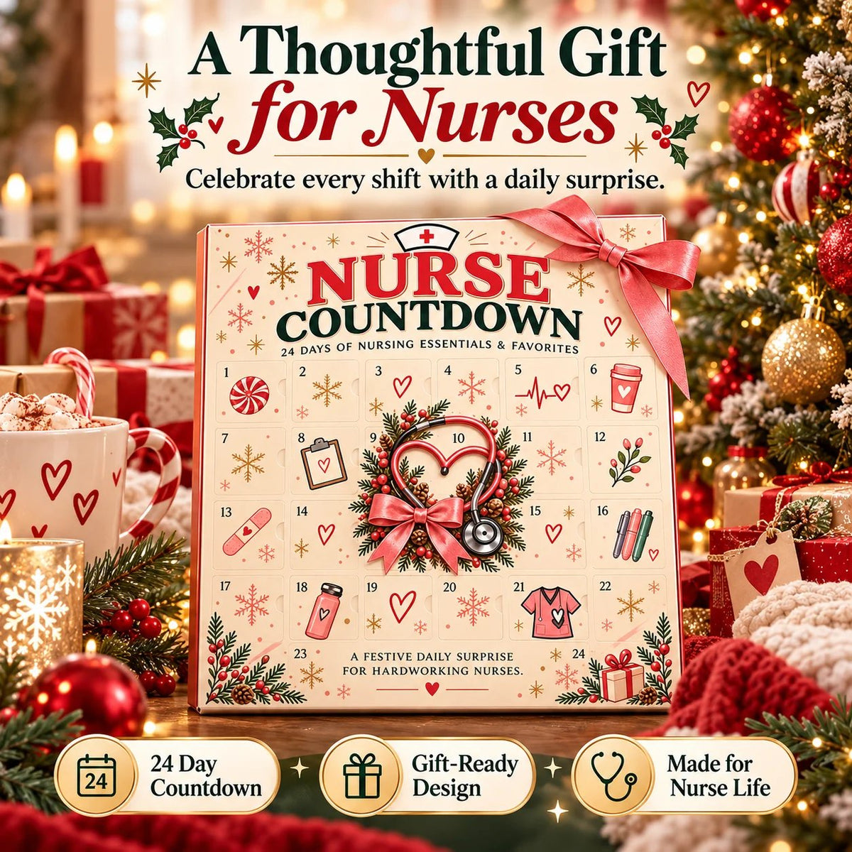 ❤️ CareHero™ 24-Day Advent Calendar – Heartfelt Holiday Countdown Gift for Nurses