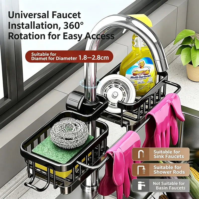 🧽Sink Organizer Rack,Hanging Faucet Drain Rack with Drip Tray Stainless Steel Detachable Sink Faucet Sponge Holder Over Faucet for Kitchen and Bathroom,Scrubbers, Soap,Brush