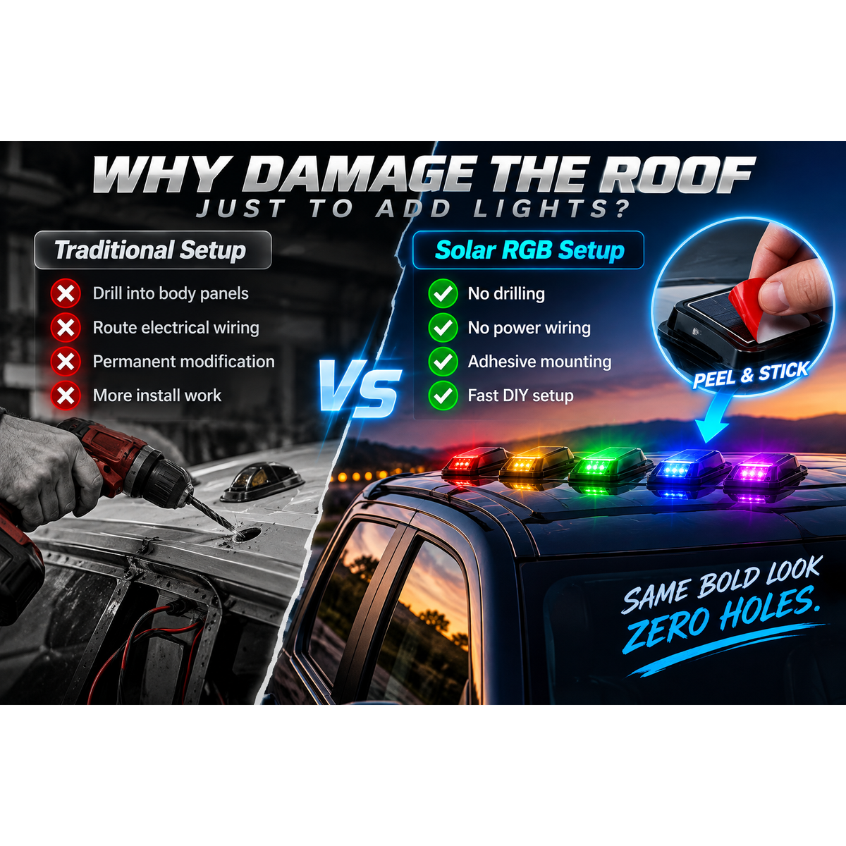 🌈 Solar RGB Car Roof Strobe Lights –🚗 5-Pack Wireless No-Drill Cab Light Set