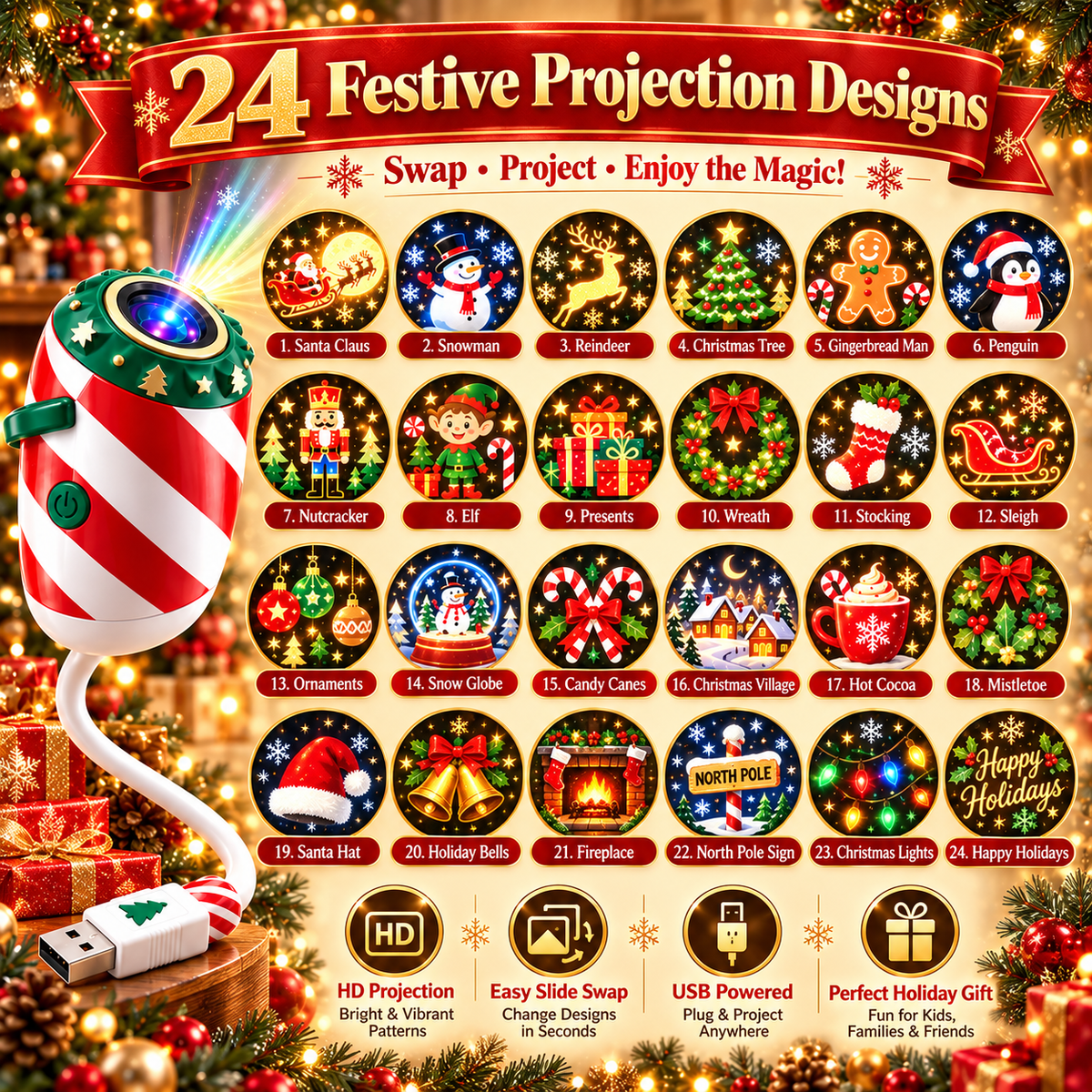 🎄 Christmas Car Window Projector – USB Holiday Projection Light ✨