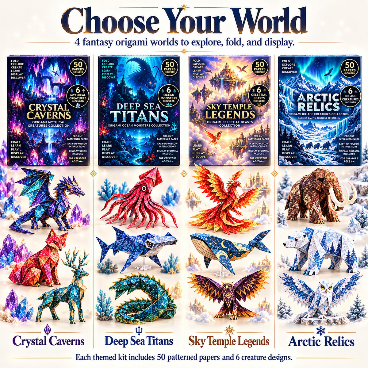 🐉 Fantasy Paper Folding Craft Kit | 4 Magical Worlds with 50 Patterned Papers & Step-by-Step Guide ✨