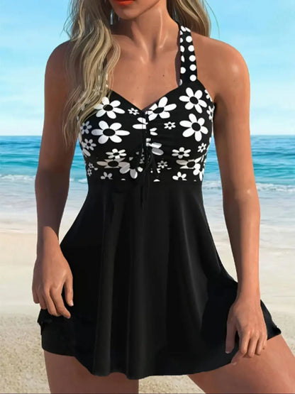 🔥Limited-Time Offer | Retro Floral V-Neck Swimdress with Tummy Control Shorts – Boho Tankini Set