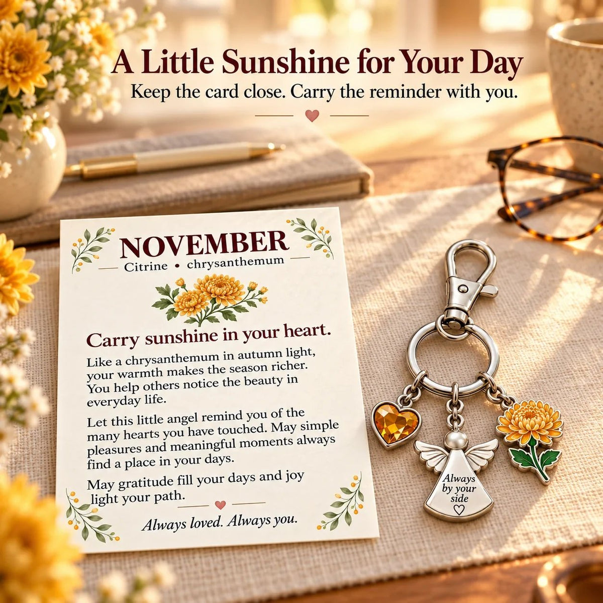 🔥Last Day Only＄13.99👼 Always By Your Side: Birth Month Angel & Flower Keychain + Keepsake Card 🌸