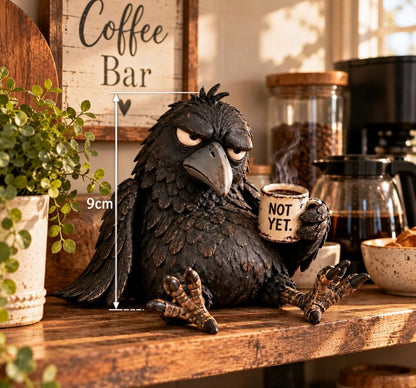 🐦‍⬛☕️Grumpy Coffee Raven Figurine – “Not Yet” Funny Morning Decor✨