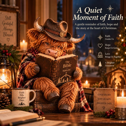 ⏳ Last Day 49% OFF – 🐮 Highland Cow Christmas Reader Figurine – Faith-Inspired Book Lover Gift