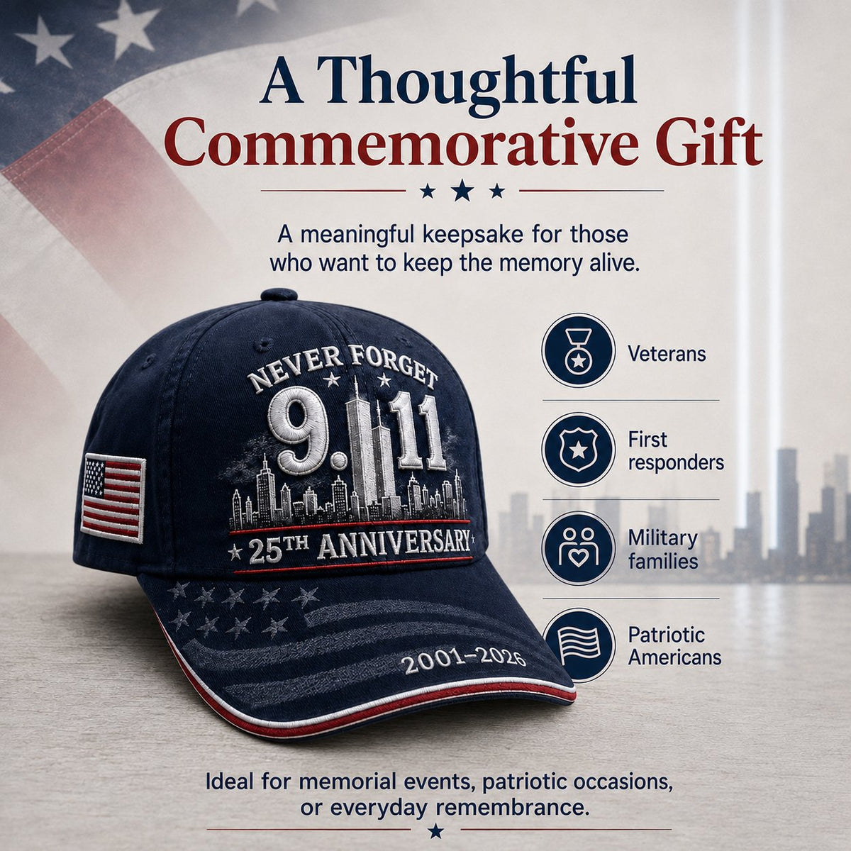 🔥🎁9/11 Never Forget 25th Anniversary Embroidered Cap – Unisex Patriotic Memorial Hat🧢