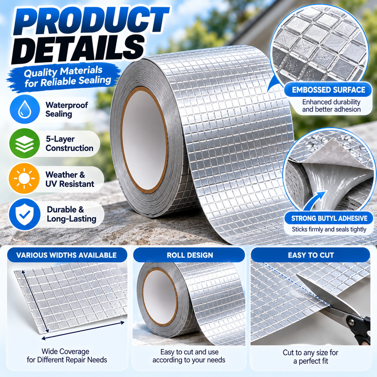 🏠 5-Layer Heavy-Duty Waterproof Butyl Tape – Self-Adhesive Roof Leak Repair & Sealing Tape