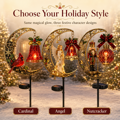 Christmas Solar Crescent Moon Garden Stake Light – Cardinal, Angel & Nutcracke