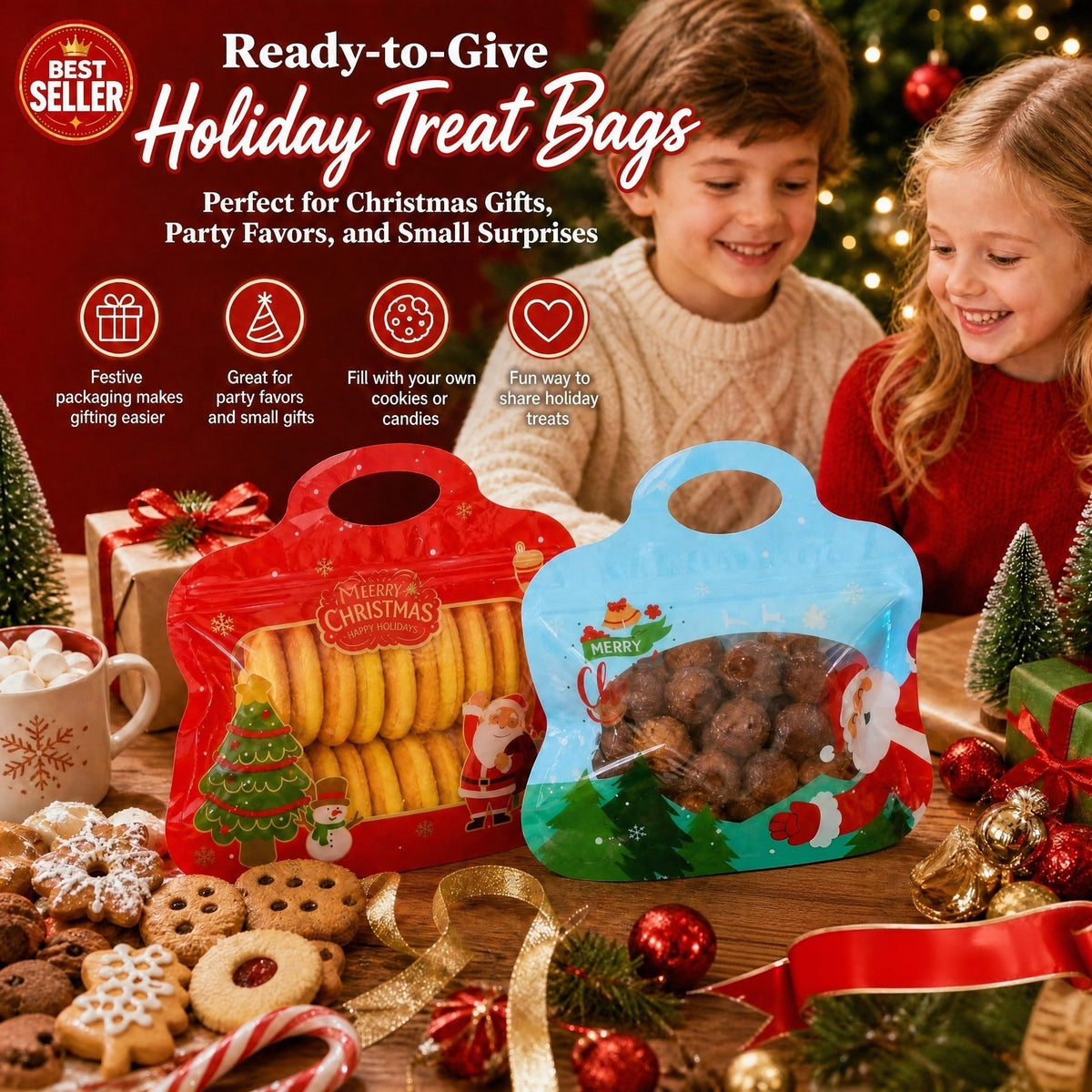 🎅LAST DAY SALE 60% OFF!!🎁Easy Fill, Easy Seal🎄 Festive Self-Seal Treat Bags – Santa & Snowman Print | Resealable, Food-Safe & Perfect for Cookies, Chocolates & Little Gifts⛄