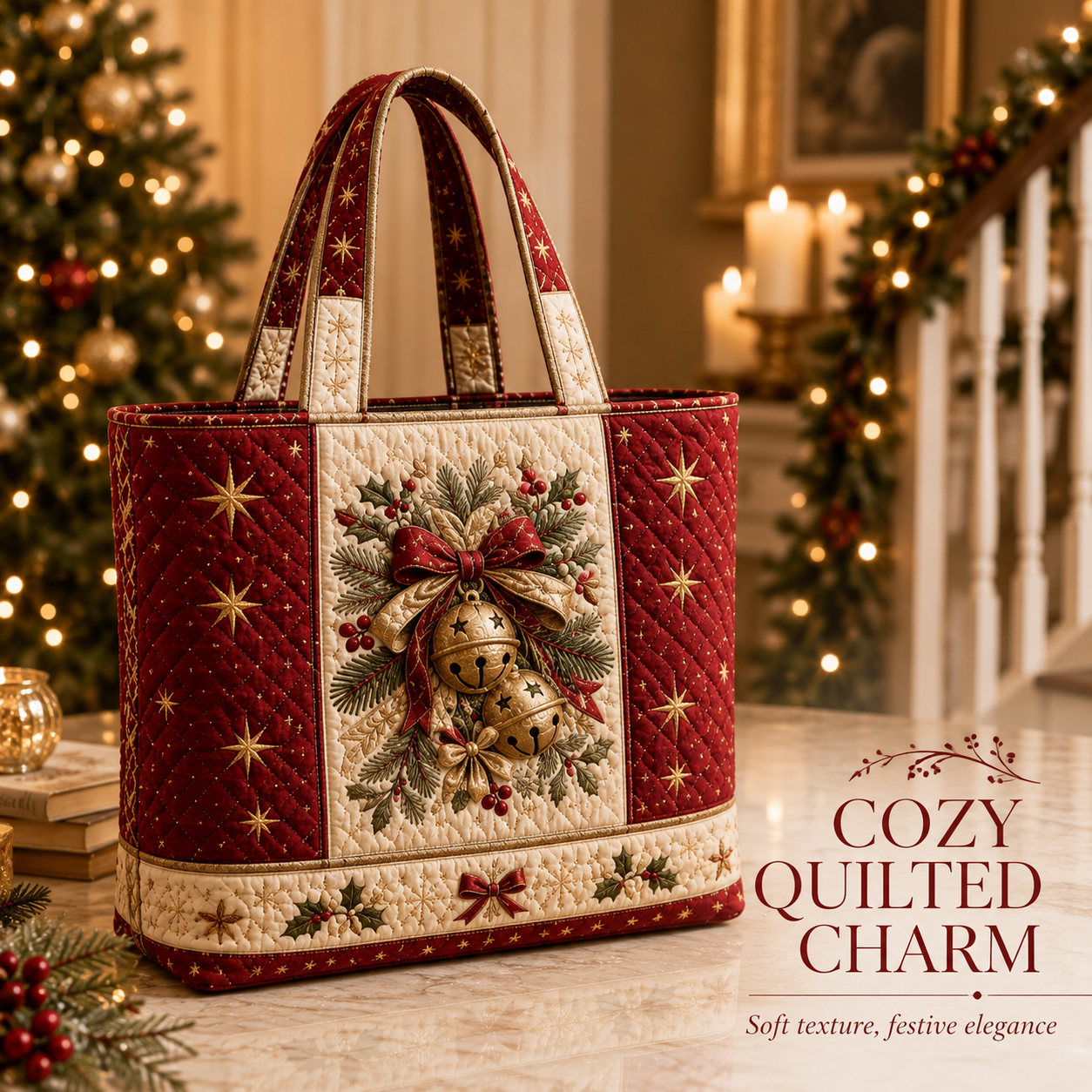 🎄 Quilted Christmas Shoulder Tote Bag – Festive Holiday Shopping Bag 🎁