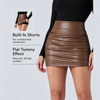 High Waisted Tummy Control Ruched Curved Hem 2-in-1 Fleece PU Mini Bodycon Skirt 🖤
