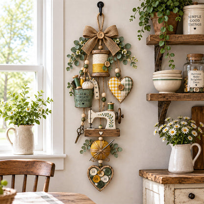 🧵✨ Rustic Wooden Sewing - Themed Hanging Ornament with Remote Control Fairy Lights