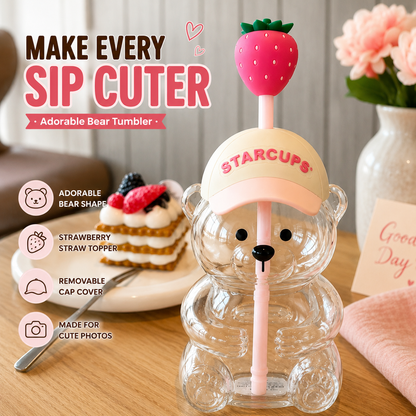 ✨ 20oz Aesthetic Bear Glass Tumbler with Strawberry Straw 🍓