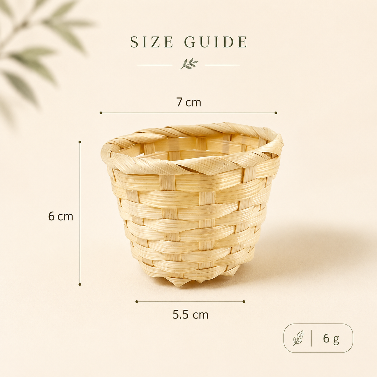 Classic green beaded plant woven basket size guide showing 7 cm top width, 6 cm height, and 5.5 cm base width.