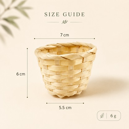 Classic green beaded plant woven basket size guide showing 7 cm top width, 6 cm height, and 5.5 cm base width.