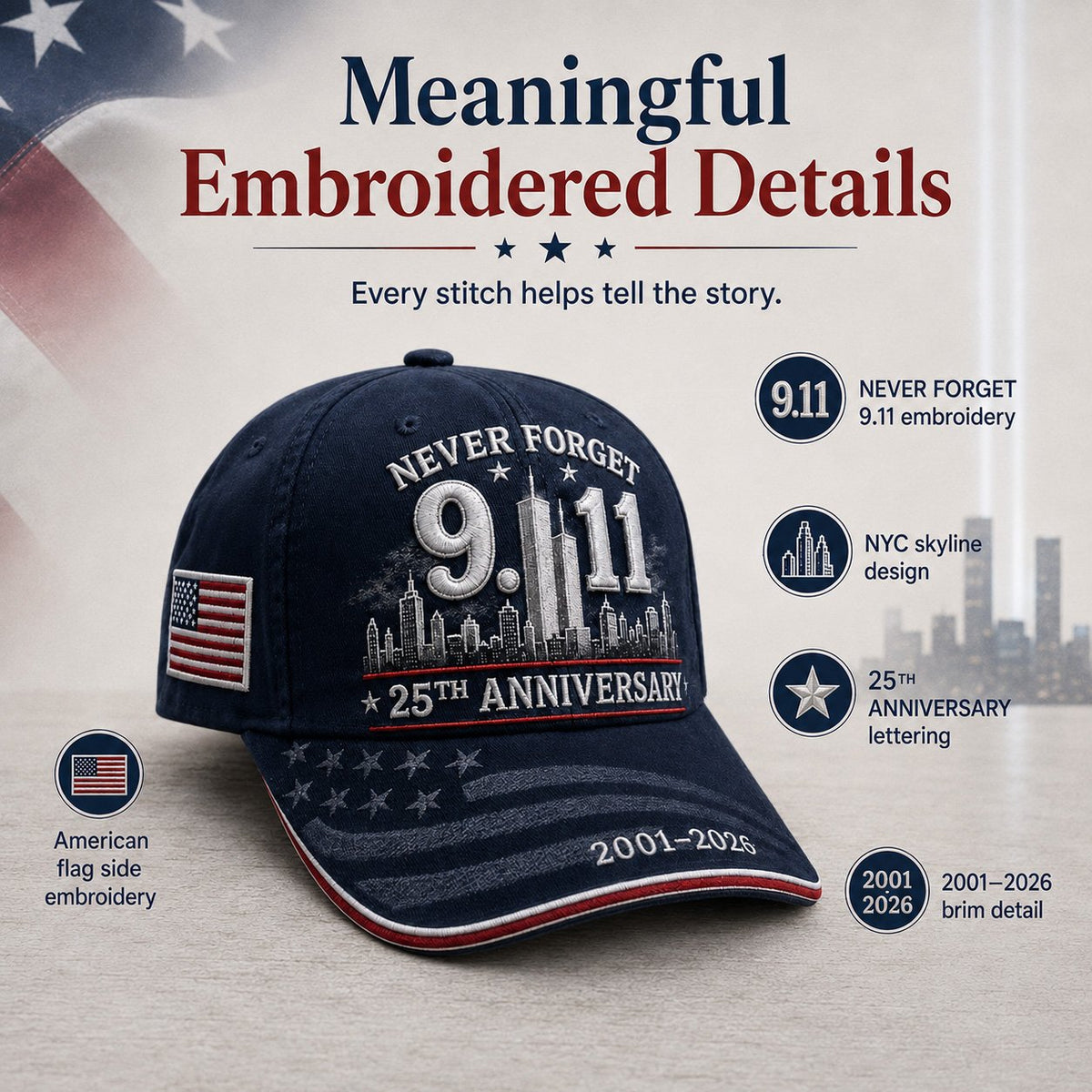 🔥🎁9/11 Never Forget 25th Anniversary Embroidered Cap – Unisex Patriotic Memorial Hat🧢
