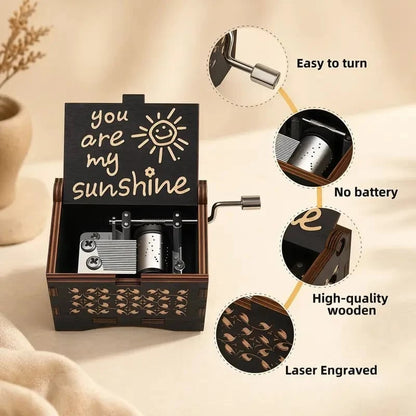 Vintage Wooden Hand-Crank Music Box – Laser Engraved 'You Are My Sunshine' Melody Box
