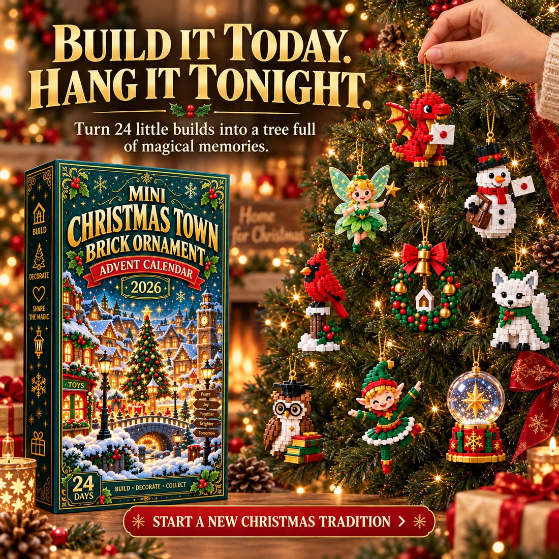⏳ Last day to save 49% – 🎄 Mini Christmas Town Brick Ornament Advent Calendar | 24 unique festive buildable town‑themed designs with hanging loops—perfect for decorating Christmas trees, wreaths, and holiday displays 🧱