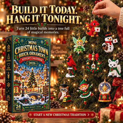 ⏳ Last day to save 49% – 🎄 Mini Christmas Town Brick Ornament Advent Calendar | 24 unique festive buildable town‑themed designs with hanging loops—perfect for decorating Christmas trees, wreaths, and holiday displays 🧱