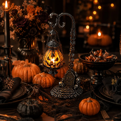 🔥Halloween Early Bird Sale🎃 Gothic Pumpkin Lantern Stand | Warm Orange LED Glow, Victorian Skull Details & Haunted Shelf Decor 🕯️