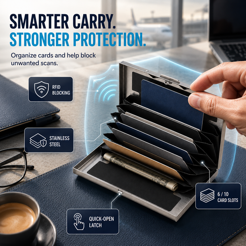 RFID Blocking Stainless Steel Card Wallet – Slim Pop-Up Accordion Card Holder with Cash Slot
