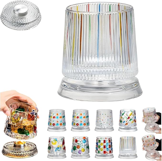 Spinning Whiskey Glasses, Vintage Colored Crystal Whiskey Glass, Hand-Painted Old Fashioned Tumbler for Bourbon, Scotch, Cocktails, Decorative Drinking Glass for Home Bar