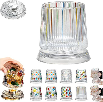 Spinning Whiskey Glasses, Vintage Colored Crystal Whiskey Glass, Hand-Painted Old Fashioned Tumbler for Bourbon, Scotch, Cocktails, Decorative Drinking Glass for Home Bar