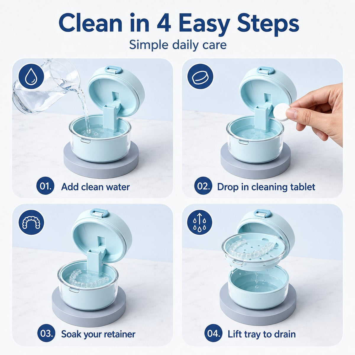 🦷✨3-in-1 Retainer Cleaning & Storage Case – Portable Leak-Resistant Soak Box with Drain Tray, Mirror & Cleaning Brush