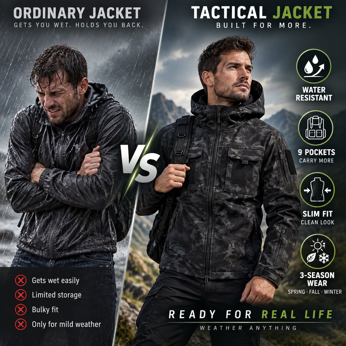 9 Pocket Tactical Hooded Jacket | Slim Fit Fleece Lined Outdoor Coat