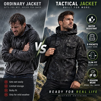 9 Pocket Tactical Hooded Jacket | Slim Fit Fleece Lined Outdoor Coat