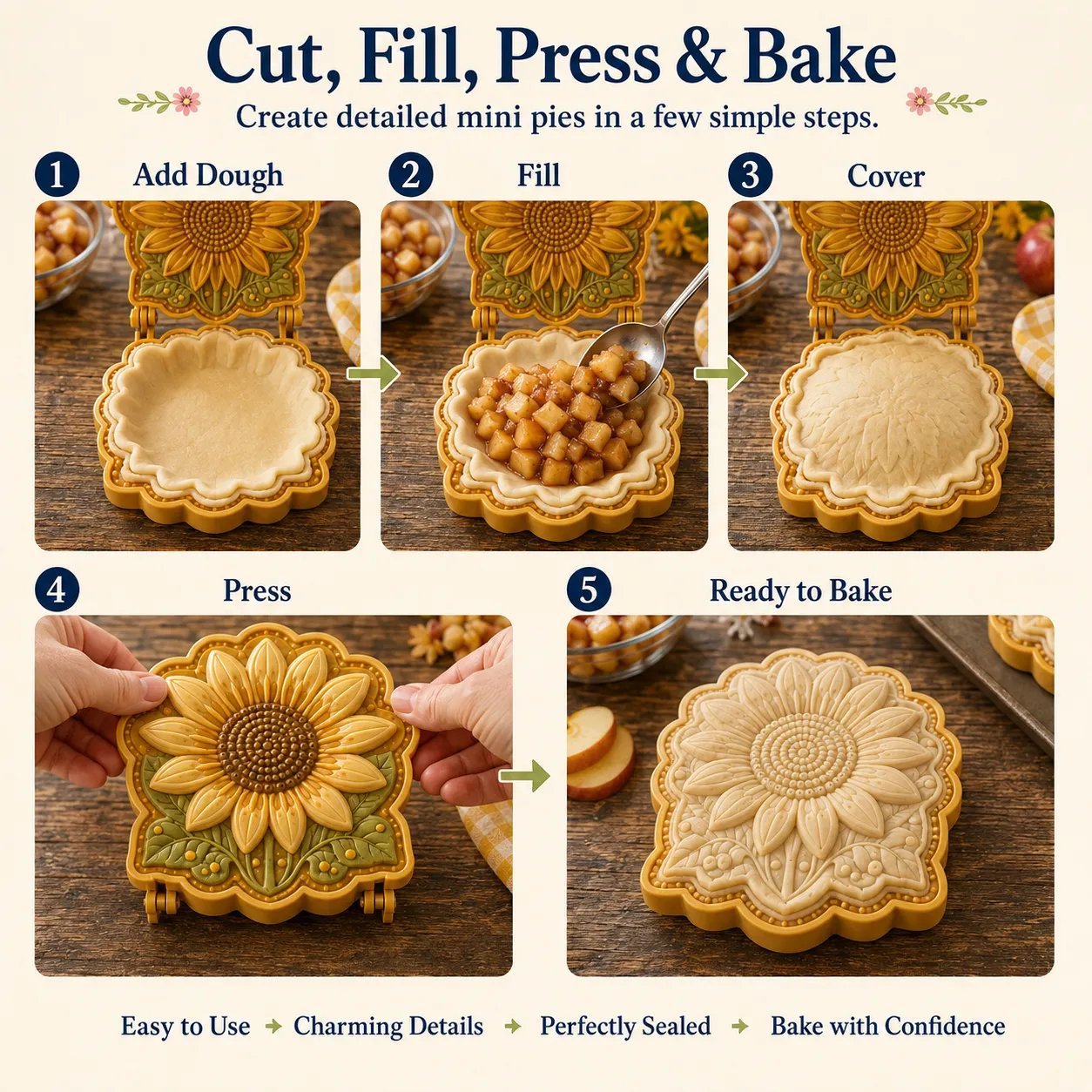 🎉⏳ Last Day 49% OFF – 🌸 8-Design Spring Garden Mini Pie Mold Collection | Reusable Embossed Molds for Shaping Detailed Bee, Butterfly, Ladybug, Sunflower, Cottage & More 🥧✨