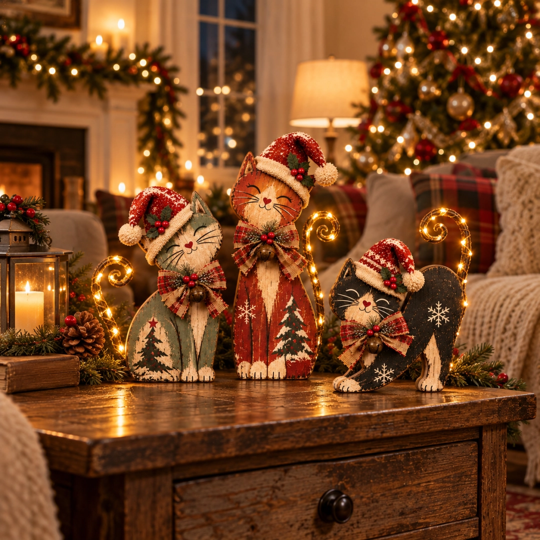 🐱🎄 Vintage Lighted Christmas Cat Trio | Remote Tail Lights