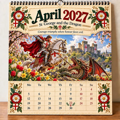 ⏳ Last Day 49% OFF – 🛡️ 2027 England St. George Wall Calendar | 12 Illustrated Monthly Scenes with Faith, Courage & Heritage 🇬🇧