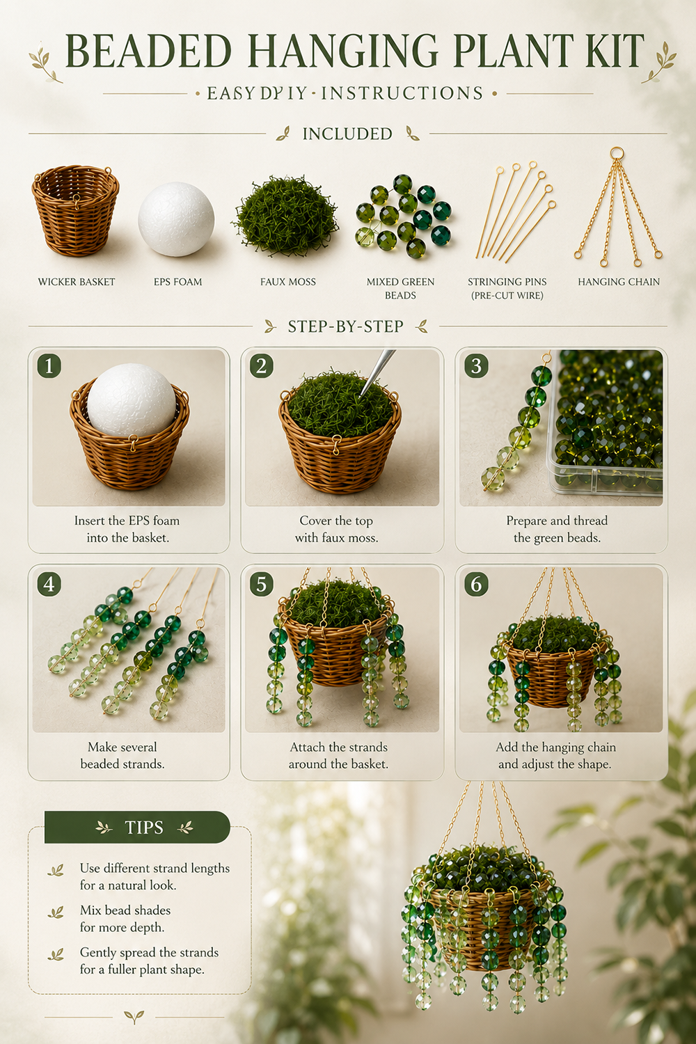 Classic green beaded hanging plant DIY kit materials and assembly instruction overview
