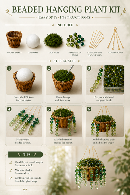 Classic green beaded hanging plant DIY kit materials and assembly instruction overview