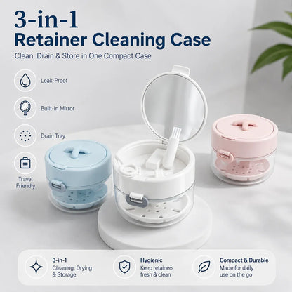💙Clean, Drain & Store in One🔥3-in-1 Leak-Proof Retainer Cleaning Case with Mirror, Drain Tray - Travel Storage✈️