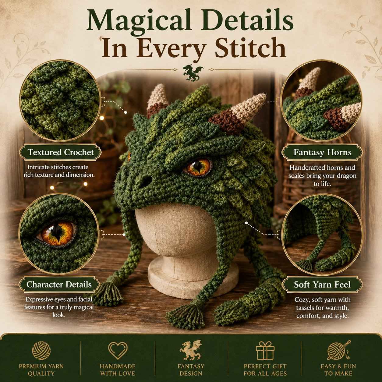 🐉✨ Fantasy Hood Hat DIY Crochet Kit | Premium Soft Yarn Materials with Step-by-Step Guide DIY Handmade Wearable Character Hood 🧶🎭✨