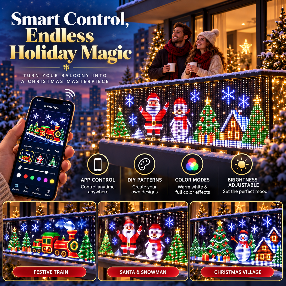 🎄 Smart RGB Pixel Curtain Lights – App-Controlled Animated Holiday Display for Balcony & Window Decor-3m*3m