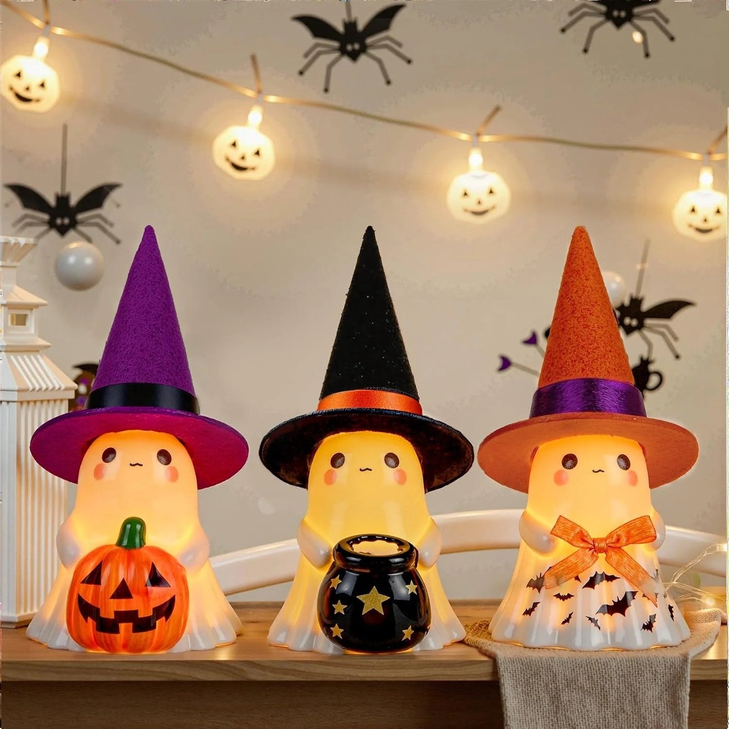 Whimsical Light-Up Halloween Ghost Trio