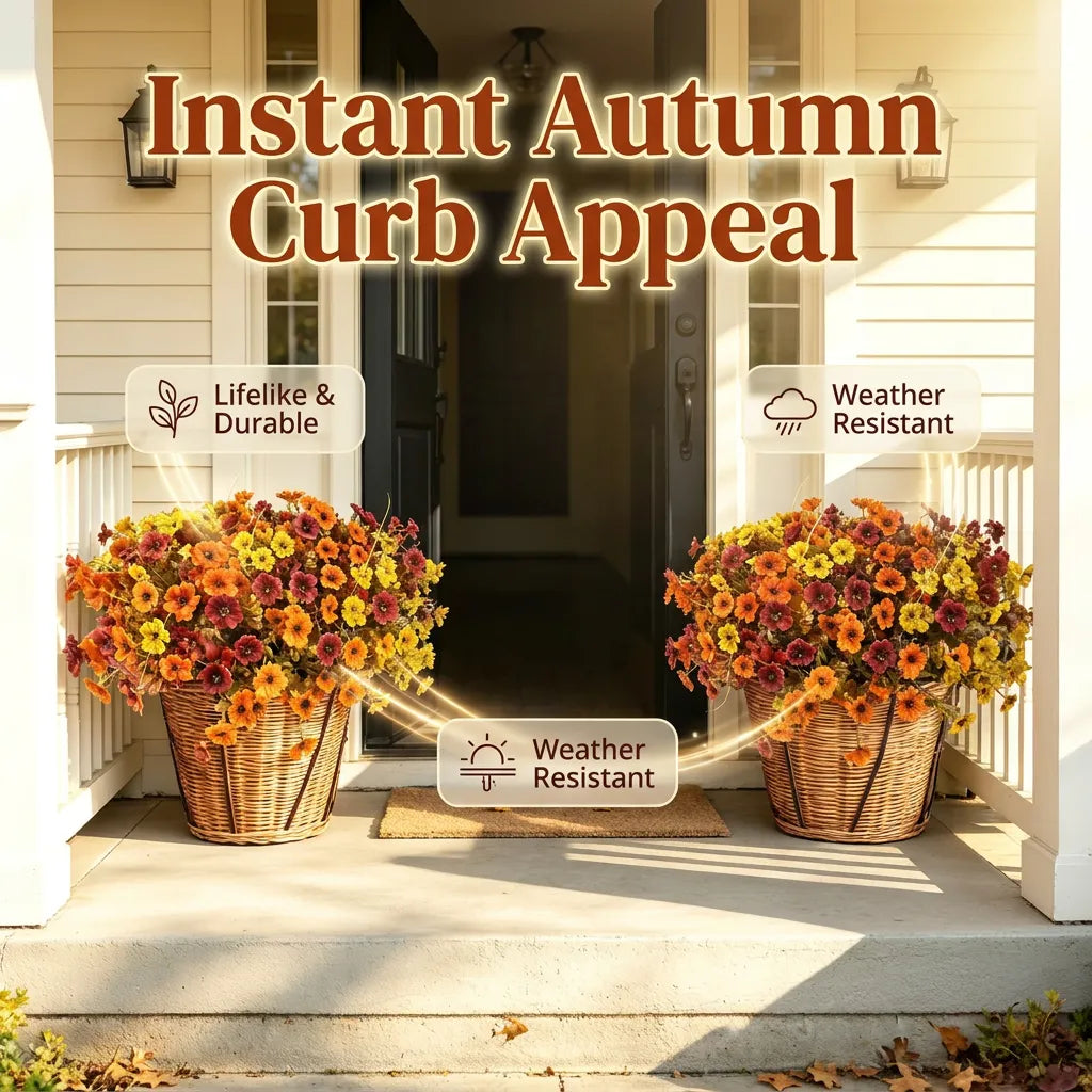 🍂 Instant Autumn Curb Appeal: 2-Pack Artificial Fall Flowers (24 Stems) | Two Pre-Mixed Harvest Bouquets — One Full Porch Pot Each | UV-Resistant, Fade-Proof Halloween Decor