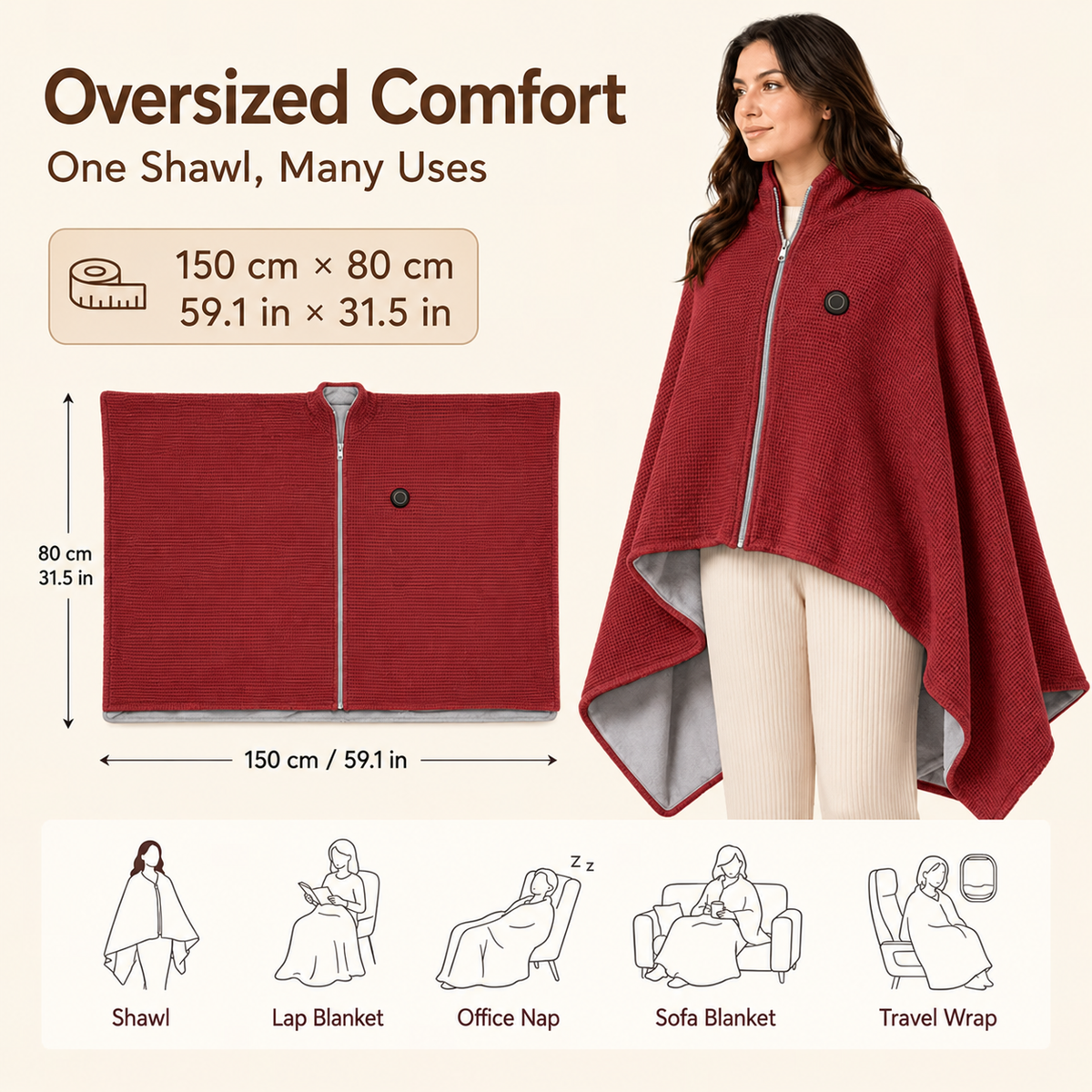 ♨️Wearable Heated Blanket – 8 Heating Zones & 3 Heat Levels