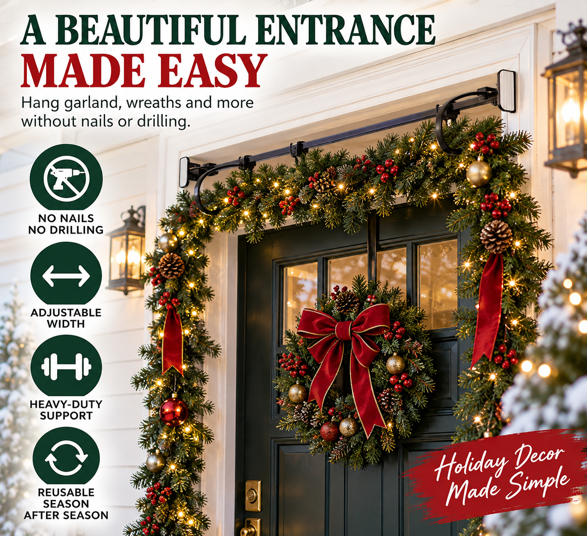 🎄Front Door Garland Hanger – Adjustable, Heavy-Duty Cast Iron Decor Holder