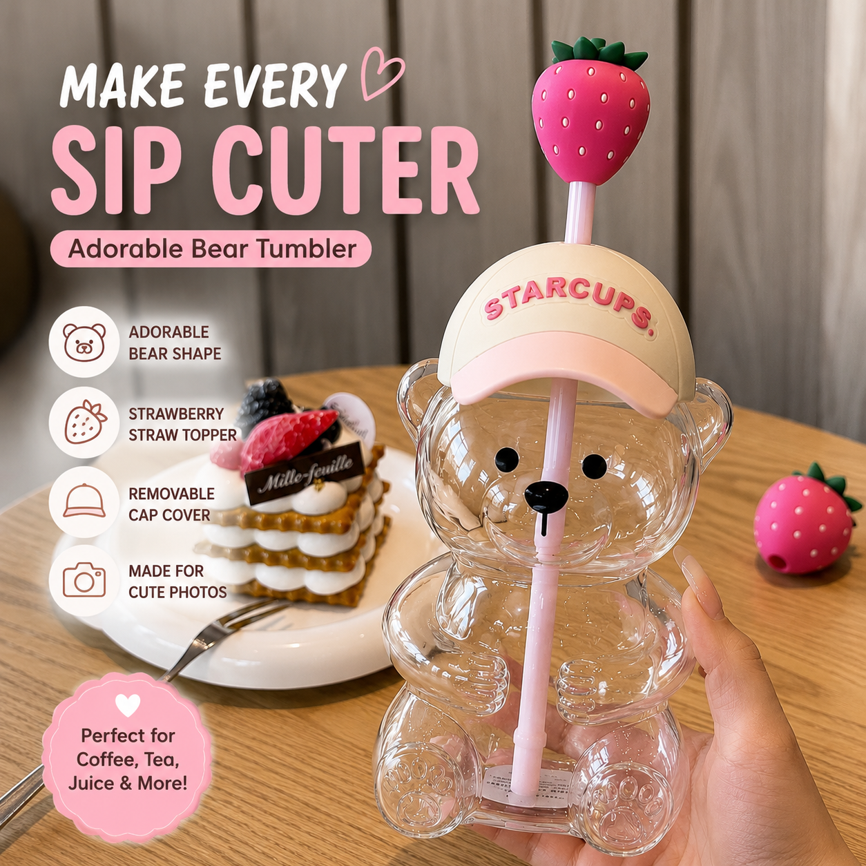✨ 20oz Aesthetic Bear Glass Tumbler with Strawberry Straw 🍓