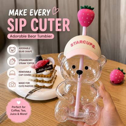 ✨ 20oz Aesthetic Bear Glass Tumbler with Strawberry Straw 🍓